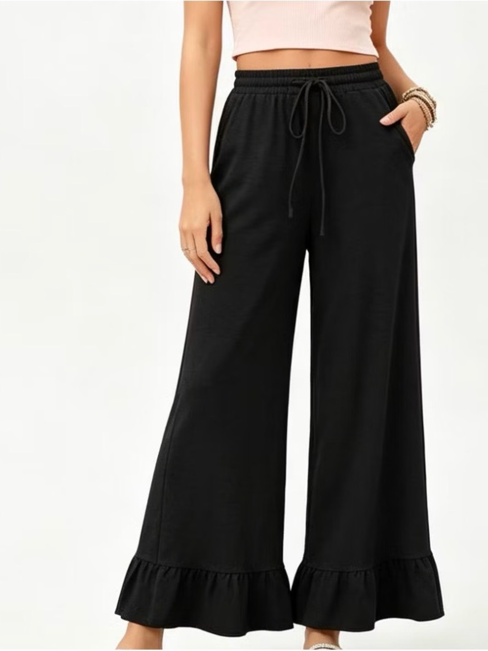 Black Wide-Leg Ruffle Hem Knit Pants NWOT